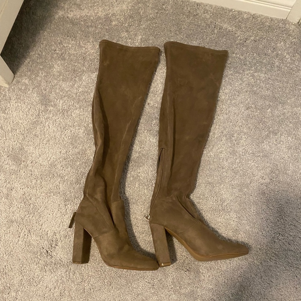 Steve Madden Thigh High Taupe Heeled Boots.